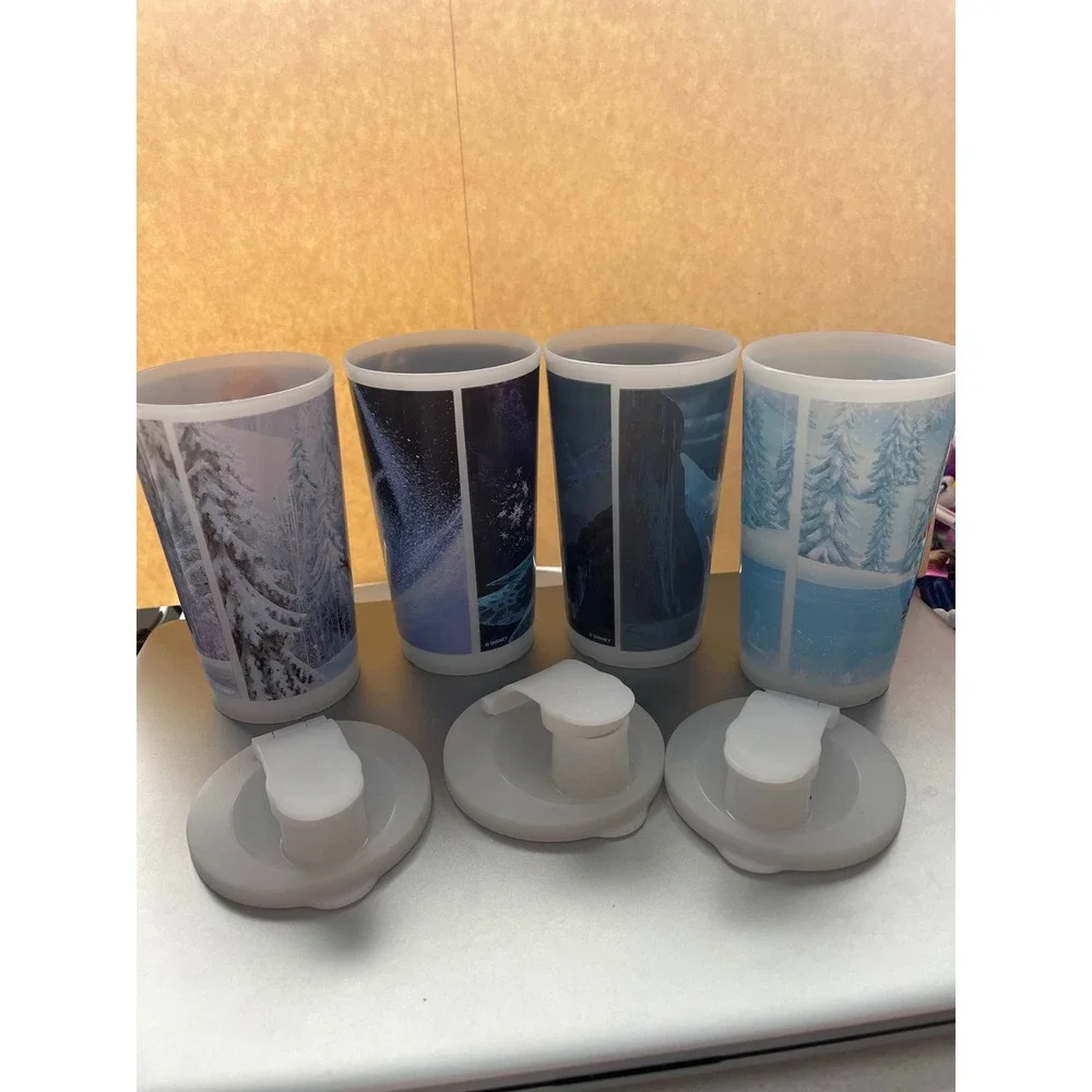 Tupperware Disney Frozen Plastic Tumbler Set Elsa Anna Olaf Cups with 3 lids.